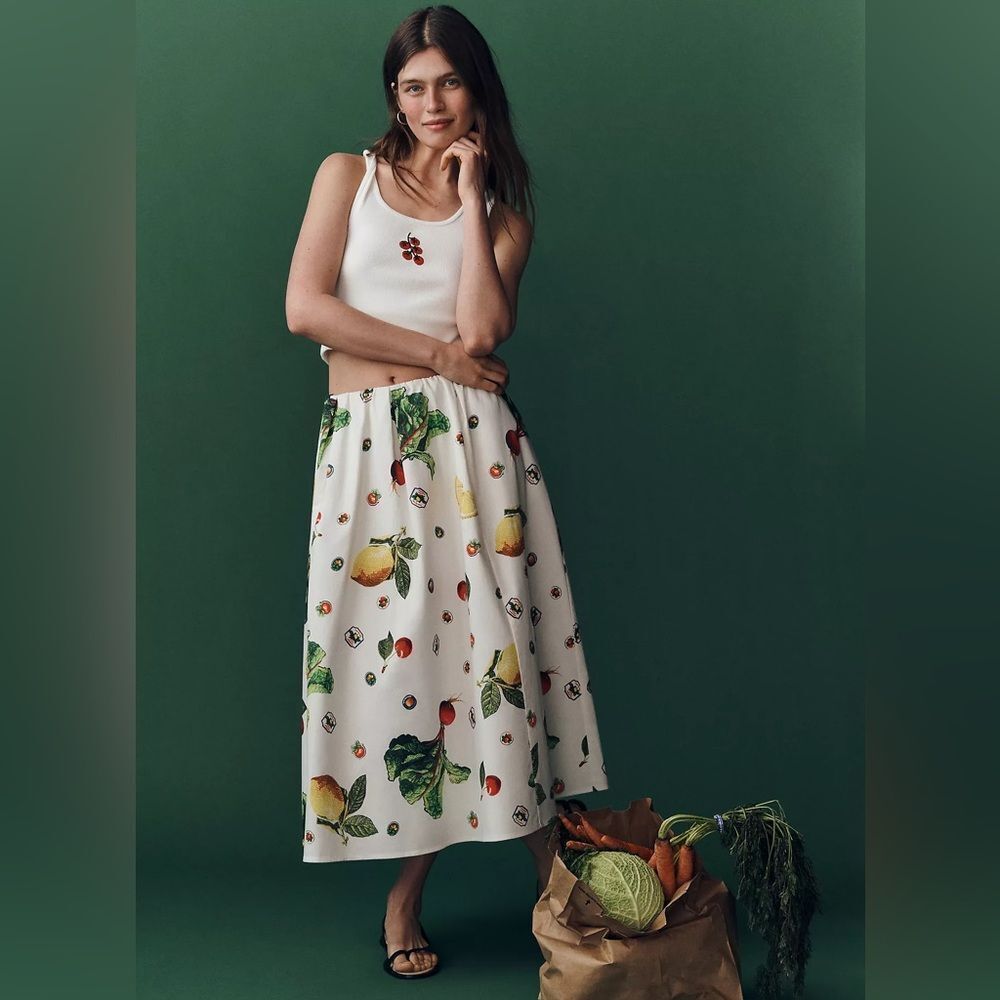 New Anthropologie The Jacie Poplin Printed Midi Skirt by Maeve Size XXs
